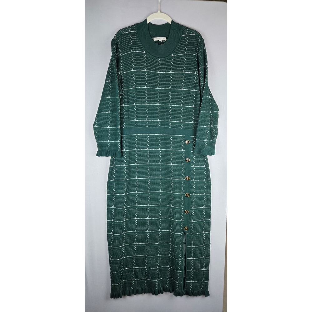 Sandra Darren Green Grid Knit Midi Sweater Dress Mock Neck Ruffle XL